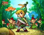  belt black_eyes blonde_hair boots covering_mouth ezlo flower foreshortening hat link looking_back miniboy minish_cap mushroom nintendo official_art open_mouth plant pointy_ears shield surprise surprised sword the_legend_of_zelda toon_link wallpaper watermark weapon 