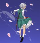  katana kneepits konpaku_youmu konpaku_youmu_(ghost) muhamado myon petals short_hair silver_hair solo sword touhou weapon 