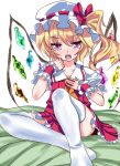  blonde_hair flandre_scarlet hat niwatori_gunsou ponytail red_eyes short_hair side_ponytail solo thigh-highs thighhighs touhou white_legwear white_thighhighs wings 