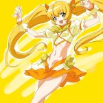 blonde_hair brown_eyes brown_hair cure_sunshine heartcatch_precure! legs long_hair magical_girl makacoon midriff myoudouin_itsuki orange_dress precure solo twintails yellow yellow_background 
