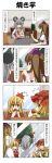  4koma 5girls aki_minoriko aki_shizuha animal_ears blonde_hair brown_hair checkered comic dress food fruit gradient_hair grapes grey_hair hair_ornament hat highres hijiri_byakuren himekaidou_hatate leaf long_hair long_image mouse_ears multicolored_hair multiple_girls nazrin necktie open_mouth purple_hair rapattu red_eyes ribbon short_hair siblings sisters smile sweet_potato tall_image tokin_hat touhou translated twintails yellow_eyes 