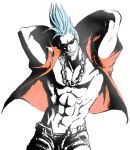  abs arms_up chain chain_necklace denim franky grin jewelry male manly muscle necklace nika_(nikasa_an) one_piece open_clothes open_fly open_shirt pompadour shirt sideburns simple_background smile solo sunglasses unbuttoned_jeans unzipped 