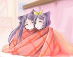  blanket cat_ears hiiragi_kagami hiiragi_tsukasa jiei_son kemonomimi_mode long_hair lucky_star purple_hair ribbon room short_hair sleeping source_request under_covers 