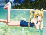  beach blonde_hair blue_eyes chin_rest da_capo forest highres leg_up lying nature ocean on_stomach one-piece_swimsuit palm_tree sandals school_swimsuit smile solo submerged swimsuit tree twintails wallpaper water wink yoshino_sakura 