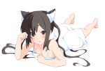  barefoot black_hair blush breasts brown_eyes cat_ears cleavage down_blouse dress flat_chest k-on! long_hair lying nakano_azusa on_stomach open_mouth solo sora_to_umi twintails white_dress 