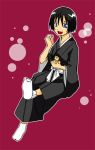  black_hair bleach blue_eyes candy food kick male short_hair sitting smile socks yamada_hanatarou 