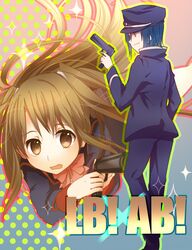  az_(shotatteiiyone) blue_hair brown_eyes brown_hair company_connection crossdressinging crossover gun hat key_(company) little_busters!! long_hair naoe_riki naoi_ayato natsume_rin ponytail school_uniform short_hair trap weapon 