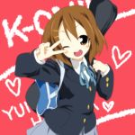  brown_eyes brown_hair guitar_case hirasawa_yui instrument_case k-on! school_uniform short_hair solo takeya_yuuki v wink 