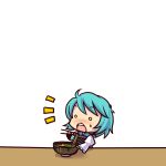  blue_hair bowl chibi chopsticks eating egg food noodles o_o ramen simple_background soba socha surprised tatara_kogasa touhou 