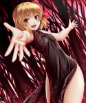  beckon black_dress blonde_hair china_dress chinese_clothes dress fang floral_print foreshortening hair_ribbon hands highres mochi.f open_mouth outstretched_arms red_eyes ribbon rumia short_hair side_slit smile spread_arms touhou 