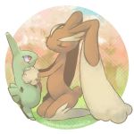  blush closed_eyes couple english grass height_difference kneeling larvitar lopunny no_humans pokemon pokemon_(creature) red_eyes size_difference tree twintails yorozuyo 