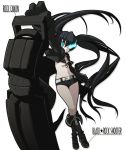  bikini_top black_hair black_rock_shooter black_rock_shooter_(character) blue_eyes boots crazy_developers foreshortening glowing glowing_eyes gun highres huge_weapon knee_boots midriff scar shorts twintails weapon 