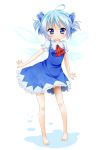  :o ahoge alternate_hairstyle barefoot blue_eyes blue_hair bow cirno feet hair_bow legs omijin outstretched_arms short_hair short_twintails solo spread_arms standing touhou twintails wings 