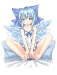  barefoot blue_eyes blue_hair blush bow cirno feet flat_chest hair_bow ice ice_wings panties roshia_nise_mango short_hair solo toes touhou underwear wings 