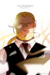  1boy beard blonde_hair character_request expressionless facial_hair floating_neckwear fullmetal_alchemist glasses highres long_hair looking_at_viewer low_ponytail male_focus mature_male necktie r.l_(2089184064) solo straight-on tears_from_one_eye thick_eyebrows upper_body vest 