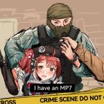  1boy 1girl 1other @_@ absurdres balaclava beret black_headwear black_pantyhose blue_shirt blush body_armor bow bowtie brown_eyes carrying carrying_person carrying_under_arm caution_tape collared_shirt crime_scene eyelashes girls_frontline hair_ornament hand_up hat headphones highres holding interview long_sleeves looking_at_viewer microphone mp7_(girls&#039;_frontline) one_side_up open_mouth out_of_frame outdoors pantyhose parted_bangs plate_carrier real_life red_bow red_bowtie redhead rennn_(ilobeste) shirt sidelocks sketch subtitled sweatdrop watch watch wavy_mouth white_shirt 