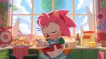  1girl amy_rose apron blue_sky bowl clouds commentary_request cookie egg flower food frog froggy_(sonic) furry furry_female gloves hairband holding holding_bowl holding_whisk official_art plant potted_plant sky smile sonic_(series) stove uno_yuuji whisk white_gloves 