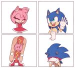  1boy 1girl amy_rose animal_ears animal_nose bare_shoulders black_eyes blue_fur boots bracelet breasts closed_eyes closed_mouth covering_own_eyes dress eyelashes fang food_costume full_body furry furry_female furry_male gloves gold_bracelet hairband hand_up hands_up hedgehog hedgehog_ears hedgehog_girl highres jewelry looking_at_another medium_breasts open_mouth pink_fur red_dress red_footwear red_hairband simple_background sleeveless sleeveless_dress smile sonic_(series) sonic_the_hedgehog standing sweat teeth tongue toonsite upper_body v-shaped_eyebrows white_background white_gloves 