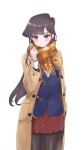  1girl black_hair black_pantyhose blazer blue_jacket breath brown_coat brown_eyes brown_scarf coat cowboy_shot duffel_coat ebi_0217 hand_up highres jacket komi-san_wa_komyushou_desu komi_shouko long_hair long_sleeves looking_at_viewer open_clothes open_coat pantyhose parted_lips plaid plaid_scarf pleated_skirt red_skirt scarf school_uniform shirt skirt solo striped striped_skirt white_shirt 