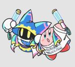 1boy 1other blush_stickers colored_skin disembodied_limb gloves grey_background holding_glowstick kirby kirby_(series) kirby_30th_anniversary_music_festival magolor ni_re no_humans open_mouth pink_skin shirt simple_background solid_oval_eyes white_shirt