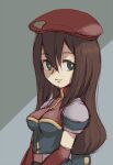  1girl android beret breasts brown_hair closed_mouth green_eyes hat iris_(mega_man) long_hair looking_at_viewer mega_man_(series) mega_man_x4 mega_man_x_(series) muu_(mumumer) simple_background smile solo very_long_hair 