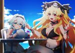  2girls anne_bonny_(fate) anne_bonny_(swimsuit_archer)_(fate) anne_bonny_(swimsuit_archer)_(first_ascension)_(fate) bikini blonde_hair breasts fate/grand_order fate_(series) food ice_cream large_breasts mary_read_(fate) mary_read_(swimsuit_archer)_(fate) multiple_girls ocean pirate scar scar_on_face short_hair skull_collar small_breasts swimsuit tukno volleyball white_bikini white_hair 
