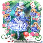  6+girls alice_margatroid alice_margatroid_(magician&#039;s_white_doll) alternate_costume black_footwear blonde_hair blue_bow blue_dress blue_eyes book bow capelet card carrying copyright_name doll dress flower forest full_body hair_bow hat holding key light_rays long_hair looking_at_viewer multiple_girls mushroom nature outdoors pink_flower playing_card pocket_watch rotte_(1109) scissors shanghai_doll short_hair third-party_source top_hat touhou touhou_lost_word tree watch white_capelet white_dress white_headwear 