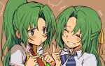  2girls black_neckerchief blue_neckerchief blush brown_background closed_eyes collared_shirt green_eyes green_hair hair_ribbon highres higurashi_no_naku_koro_ni index_fingers_together long_hair messy_hair multiple_girls neckerchief necktie nuancho open_mouth ponytail pout red_necktie ribbon shirt sidelocks sketch sonozaki_mion sonozaki_shion speech_bubble striped_neckerchief teeth upper_body very_long_hair vest white_shirt yellow_ribbon yellow_vest 