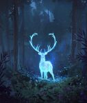  absurdres antlers artist_name commentary deer english_commentary forest glowing highres jocelin_carmes looking_at_viewer nature night no_humans original outdoors plant scenery tree 