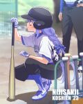  1girl baseball_bat baseball_helmet black_pants blue_eyes braid commentary_request gloves helmet highres long_hair nijisanji pants purple_hair sean_uc8 shirt shoes short_sleeves sneakers socks solo_focus twin_braids white_gloves white_shirt yuuki_chihiro 