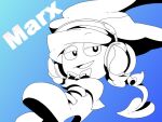 1boy blue_background boots bow bowtie character_name commentary_request gradient_background half-closed_eyes hands_on_headphones hat headphones heart jester_cap kirby_(series) looking_at_viewer marx_(kirby) monochrome open_mouth shirushiki smile solo wings