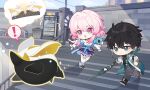  ! 1boy 1girl :o black_footwear black_gloves black_hair black_shirt blue_skirt camera chasing chibi chinese_clothes clenched_hand closed_mouth coat dan_heng_(honkai:_star_rail) day earrings full_body gloves grey_pants highres holding holding_weapon honkai:_star_rail honkai_(series) jewelry long_sleeves march_7th_(honkai:_star_rail) official_art open_mouth outdoors pants pink_hair pointing red_eyeliner shirt short_hair skirt stairs standing trash_can weapon white_coat white_sleeves 