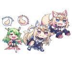  3girls :3 :d animal_ear_fluff animal_ears black_jacket blue_eyes blue_hair ceres_fauna ceres_fauna_(1st_costume) chasing chibi closed_mouth dog_ears dog_girl dog_tail dress fishnet_thighhighs fishnets flower fur-trimmed_jacket fur_trim fuwawa_abyssgard green_dress hair_flower hair_ornament hairpin headphones headphones_around_neck highres hololive hololive_english jacket long_hair medium_hair mococo_abyssgard multicolored_hair multiple_girls open_mouth pink_eyes pink_hair shirt siblings single_thighhigh sisters smile streaked_hair tail thigh-highs todome twins virtual_youtuber white_shirt white_thighhighs x_hair_ornament 