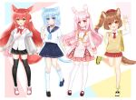  4girls :d animal_ear_fluff animal_ears arm_up backpack bag bell beret black_choker black_footwear black_skirt black_thighhighs blue_eyes blue_hair blue_neckerchief blue_sailor_collar blue_skirt blush bow breasts brown_eyes brown_footwear brown_hair cat_ears cat_girl cat_tail choker closed_mouth collared_shirt commentary_request dog_ears dog_girl dog_tail dress_shirt fox_ears fox_girl fox_tail grey_jacket hair_ornament hairclip hat highres jacket jingle_bell long_hair long_sleeves medium_breasts multiple_girls neck_bell neckerchief necktie off_shoulder open_clothes open_jacket original pink_hair pink_jacket pink_skirt plaid plaid_skirt pleated_skirt puffy_long_sleeves puffy_sleeves rabbit_ears red_bow red_eyes red_headwear red_necktie red_skirt redhead sailor_collar school_uniform serafuku shikito shirt shoes shoulder_bag side_ponytail skirt sleeves_past_wrists smile socks standing sweater_vest tail thigh-highs very_long_hair white_shirt white_socks white_thighhighs x_hair_ornament yellow_footwear 