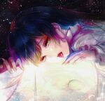  1girl black_hair commentary_request constellation frilled_sleeves frills head_rest highres houraisan_kaguya kyogoku-uru long_hair long_sleeves looking_at_viewer moon open_mouth red_lips shirt solo space tongue tongue_out touhou upper_body white_shirt yellow_eyes yellow_nails 
