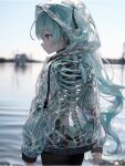  1girl ai-generated artist_name blue_hair blurry blurry_background callimiya cowboy_shot hatsune_miku highres long_hair outdoors red_eyes see-through skeleton solo twitter_username vocaloid water 