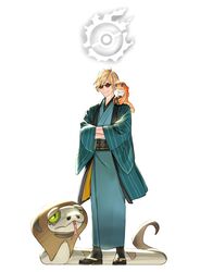  1boy aqua_hakama aqua_kimono black_footwear black_socks blonde_hair brown-tinted_eyewear commentary covered_eyes crossed_arms crossover facing_viewer final_fantasy final_fantasy_xiv full_body hakama hancock_fitzgerald highres hyur japanese_clothes kimono male_focus obi on_shoulder poke_ball pokemon pokemon_(creature) pokemon_on_shoulder potion_lilac round_eyewear sash short_hair silicobra simple_background smirk socks solo standing sunglasses swept_bangs tatsugiri tatsugiri_(curly) tinted_eyewear two-sided_fabric white_background wide_sleeves zouri 