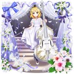  1girl absurdres ahoge alternate_costume bell blonde_hair closed_mouth clothes_lift commentary contrapposto curtains double_bass dress dress_lift english_commentary flower full_body highres holding holding_instrument instrument jewelry lifted_by_self looking_at_viewer lunasa_prismriver lunasa_prismriver_(white_double_bassist) pendant petals pink_flower rotte_(1109) second-party_source short_hair smile solo touhou touhou_lost_word vest white_dress white_flower white_footwear white_vest yellow_eyes 