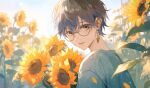  1boy blue_hair blue_shirt brown_hair commentary earrings flower glasses gradient_hair green_eyes highres ike_eveland jewelry looking_at_viewer male_focus multicolored_eyes multicolored_hair nijisanji nijisanji_en open_mouth round_eyewear shenlan_echo shirt short_hair smile solo sunflower symbol-only_commentary virtual_youtuber yellow_eyes yellow_flower 