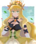  1girl blonde_hair bow butterfly_hair_ornament celine_(fire_emblem) crown detached_sleeves dress falling_leaves fire_emblem fire_emblem_engage flower green_eyes hair_between_eyes hair_flower hair_ornament hand_on_own_chest highres ichgomi leaf long_hair looking_at_viewer orange_bow smile solo very_long_hair wrist_bow yellow_dress 