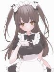  1girl alternate_costume apron black_bow black_bowtie black_dress blush bow bowtie breasts brown_hair dress enmaided frilled_apron frills hair_between_eyes hand_on_own_chest head_tilt highres idoly_pride large_breasts long_bangs long_hair looking_at_viewer maid maid_headdress puffy_short_sleeves puffy_sleeves raised_eyebrows short_sleeves simple_background solo straight-on suzumura_yuu two_side_up upper_body white_apron white_background white_wrist_cuffs xx_ly_xo yellow_eyes 