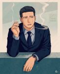  1boy black_hair cheekbones collared_shirt elbow_rest formal goatee_stubble golden_kamuy highres kikuta_mokutaro looking_to_the_side male_focus mature_male mustache_stubble necktie scar scar_on_face scar_on_forehead shirt short_hair sideburns smoking solo suit tonta_(tonta1231) upper_body watch watch 