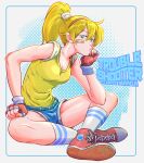 1girl bandaid bandaid_on_cheek bandaid_on_face battle_mania bb9_megadrive blue_shorts breasts character_name commentary_request denim denim_shorts fingerless_gloves gloves hairband head_rest high_ponytail highres indian_style kneehighs ootorii_mania red_hairband shoes short_shorts shorts sitting small_breasts sneakers socks solo tank_top tomboy yellow_tank_top