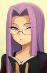  1girl black_shirt boa_(brianoa) book collarbone english_commentary fate/stay_night fate_(series) glasses hair_intakes highres holding holding_book long_hair medusa_(fate) medusa_(rider)_(fate) portrait purple_hair shirt solo violet_eyes 