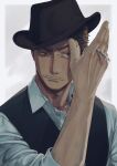  1boy brown_hair cigarette collared_shirt fedora frown goatee_stubble hat highres holding holding_cigarette looking_at_viewer male_focus mustache_stubble original raised_eyebrow shirt short_hair sideburns solo thick_eyebrows tilted_headwear tonta_(tonta1231) upper_body vest 