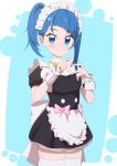  1girl absurdres alternate_costume apron back_bow black_dress bow closed_mouth commentary cowboy_shot cut_bangs dress enmaided frilled_apron frills heart heart_hands high_collar highres hirogaru_sky!_precure large_bow light_blush looking_at_viewer maid maid_headdress medium_hair precure shiro_shiki short_dress side_ponytail smile solo sora_harewataru standing thigh-highs waist_apron white_apron white_bow white_thighhighs wrist_cuffs 