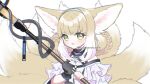  1girl animal_ears arknights artist_name bare_shoulders black_collar black_gloves blonde_hair blue_hairband blush braid braided_hair_rings clothing_cutout collar commentary_request dress fox_ears fox_girl fox_tail frilled_sleeves frills gloves green_eyes hair_rings hairband highres holding holding_staff infection_monitor_(arknights) kitsune kyuubi multicolored_hair multiple_tails open_mouth partial_commentary shoulder_cutout simple_background single_glove solo staff suzuran_(arknights) tail twitter_username two-tone_hair upper_body watermark white_background white_hair yume_harukasumi 