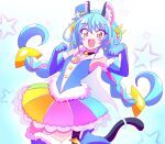  1girl :d animal_ear_fluff animal_ears black_choker blue_footwear blue_hair blue_headwear boots braid cape cat_ears cat_girl cat_tail choker cure_cosmo dress earrings elbow_gloves fur-trimmed_boots fur_trim gloves hair_ornament hat high_heel_boots high_heels jewelry leg_up long_hair looking_at_viewer low_twin_braids magical_girl mini_hat mini_top_hat multicolored_clothes multicolored_dress multicolored_hair open_mouth paw_pose pink_hair pointy_ears precure short_dress sleeveless sleeveless_dress smile solo standing star_(symbol) star_twinkle_precure streaked_hair tail thigh_boots tilted_headwear top_hat twin_braids twintails very_long_hair white_cape yellow_eyes zerolay 