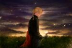  1boy automail black_shirt blonde_hair collared_shirt cowboy_shot edward_elric flower from_behind fullmetal_alchemist glowing_flower grass highres holding holding_flower jacket jacket_removed long_hair long_sleeves looking_down losemyheartflowrs male_focus meadow mechanical_arms nature parted_bangs petals ponytail profile red_jacket shirt single_mechanical_arm sky solo twilight wind 