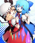  2girls black_bow blonde_hair blue_dress blue_eyes blue_hair blue_ribbon bow bright_pupils cirno collared_shirt commentary_request dress flandre_scarlet frilled_cuffs hair_between_eyes hair_ribbon hand_up hat hat_bow medium_hair mob_cap multiple_girls neck_ribbon open_mouth painttool_sai_(medium) pinafore_dress puffy_short_sleeves puffy_sleeves red_dress red_eyes red_ribbon red_wrist_cuffs ribbon shirt short_hair short_sleeves sleeveless sleeveless_dress smile touhou upper_body white_headwear white_pupils white_shirt wings wogata_(000khz) wrist_cuffs 